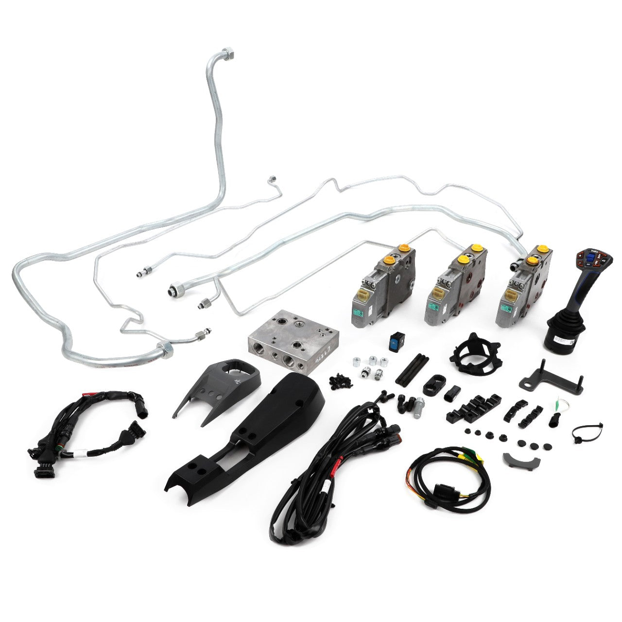 A collection of AGCO automotive parts, including cables, connectors, a control handle, and various components from the Hydraulic Kit - Acp0655160 is laid out on a white background. No current product description available.