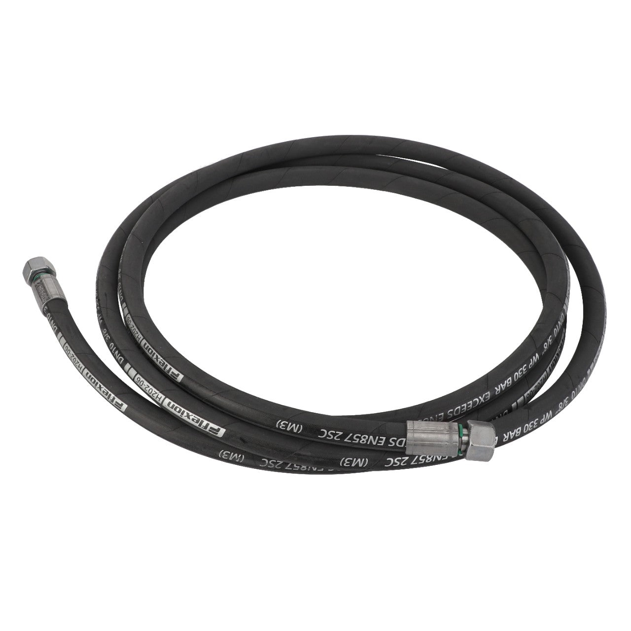 A black hydraulic hose coiled into a circular shape with metal connectors at both ends. The AGCO Hydraulic Hose - Acw0715360 features white text printed along its length, currently has no additional product information available.