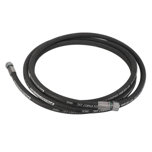 A black hydraulic hose coiled into a circular shape with metal connectors at both ends. The AGCO Hydraulic Hose - Acw0715360 features white text printed along its length, currently has no additional product information available.