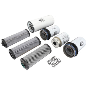 AGCO's FILTER KIT - C0373052 features an array of cylindrical filters, available in white and metallic finishes, accompanied by small springs meticulously arranged in two neat rows against a pristine white background.