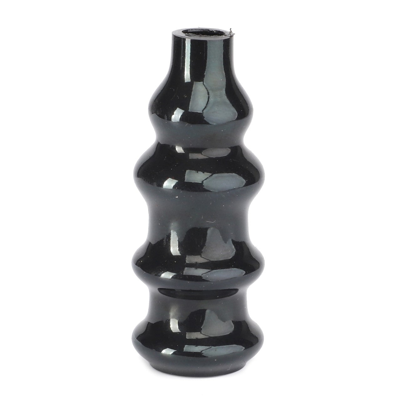 A black ceramic vase with a wavy shape, glossy finish, and narrow opening that evokes the sleek design of AGCO's Bellows model 186518M1.