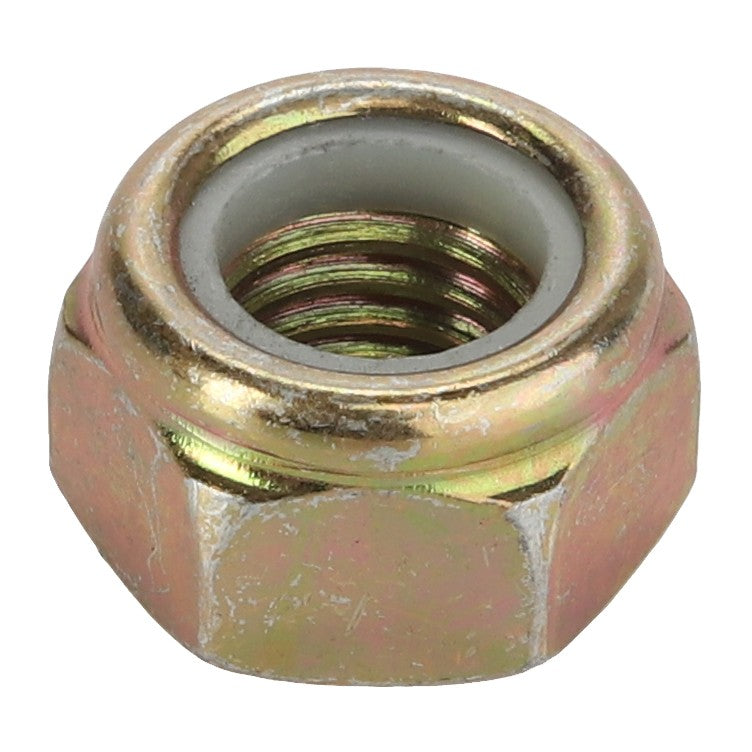 Close-up of an AGCO LOCKNUT - D46150128, featuring a hexagonal metallic design with a threaded interior and a slightly worn exterior.