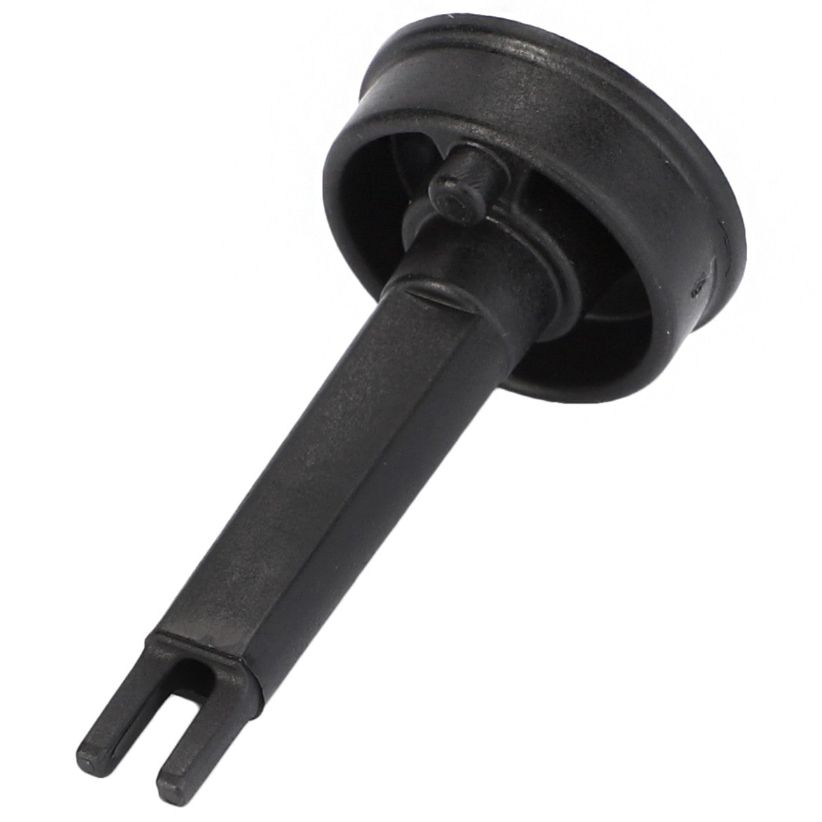 A black plastic spare part with a cylindrical top and a forked prong at the bottom, reminiscent of components used in Massey Ferguson machinery, described as the AGCO Driving Pin - F743300022020.