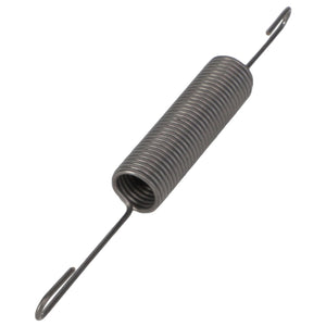 The AGCO Spring - 3580581M1 is a metal tension spring with tightly coiled wire and hooked ends for attachment, compatible with Valtra machinery.