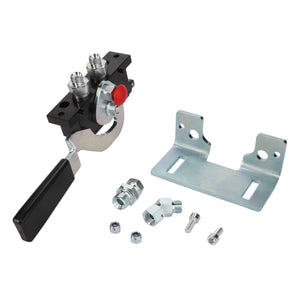 The AGCO | KIT - AL10550380 includes a metal tool with a black handle, a red button, an assortment of small fittings, nuts, and bolts, as well as a separate mounting bracket featuring multiple holes. Please note that there is no current product description information available.