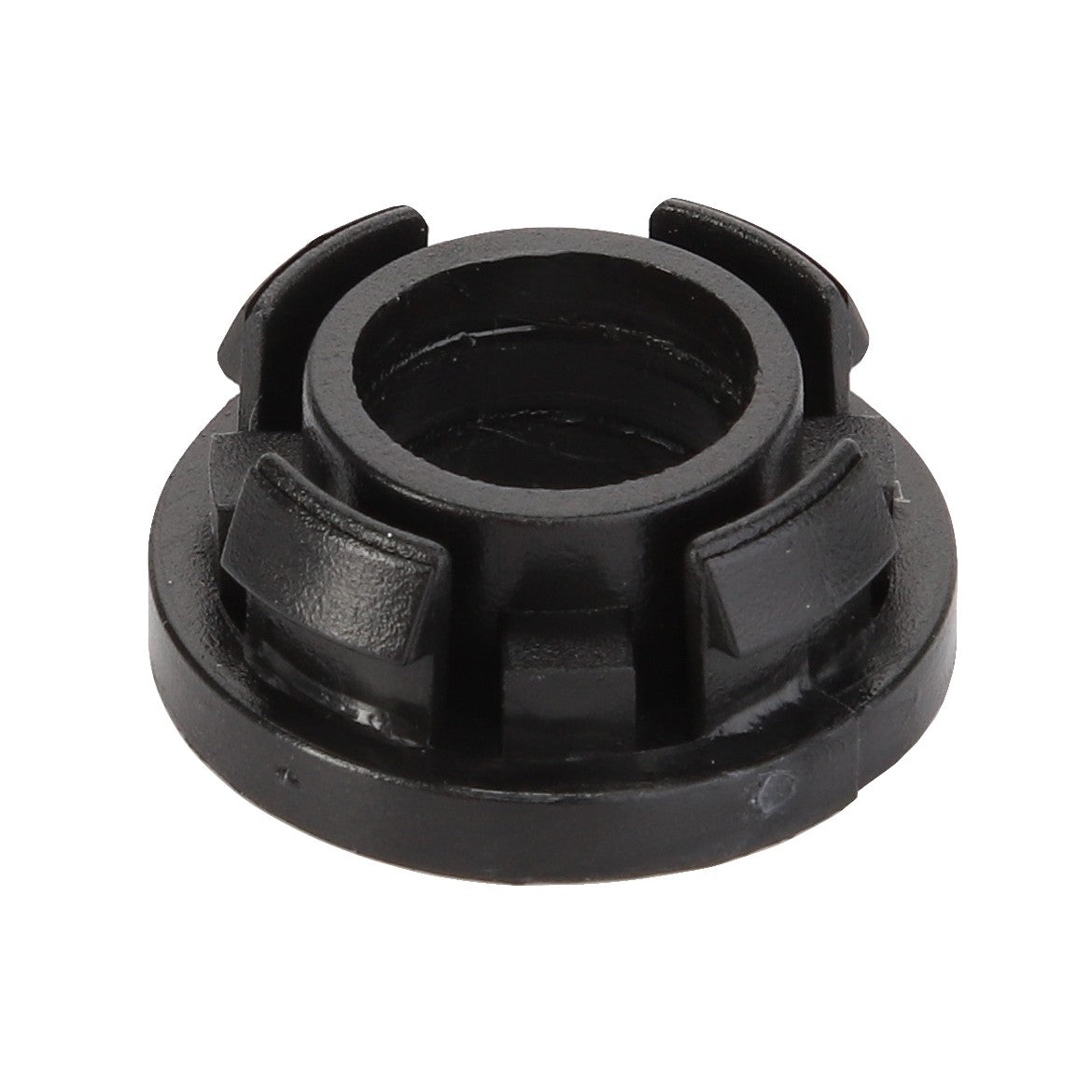 The AGCO Bush - F178500030430 is a black plastic circular gear with six evenly spaced vertical protrusions around its edge. No current product description available.