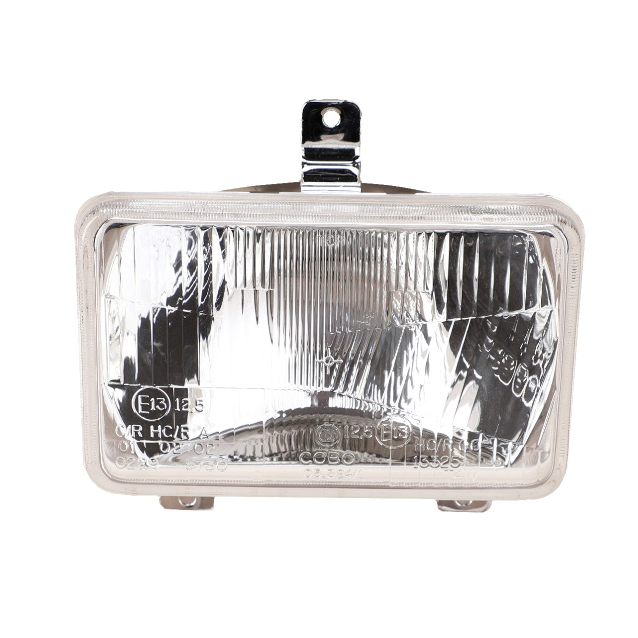 This AGCO right-side headlight (part number 3809346M91) comes with a chrome mounting bracket on top and features a ribbed design on the glass front. It includes a 45/40W high/low bulb and has various certification markings and text visible on the lens, making it an ideal choice for Valtra Models and Massey Ferguson Models as part of the AGCO Genuine Headlights line.