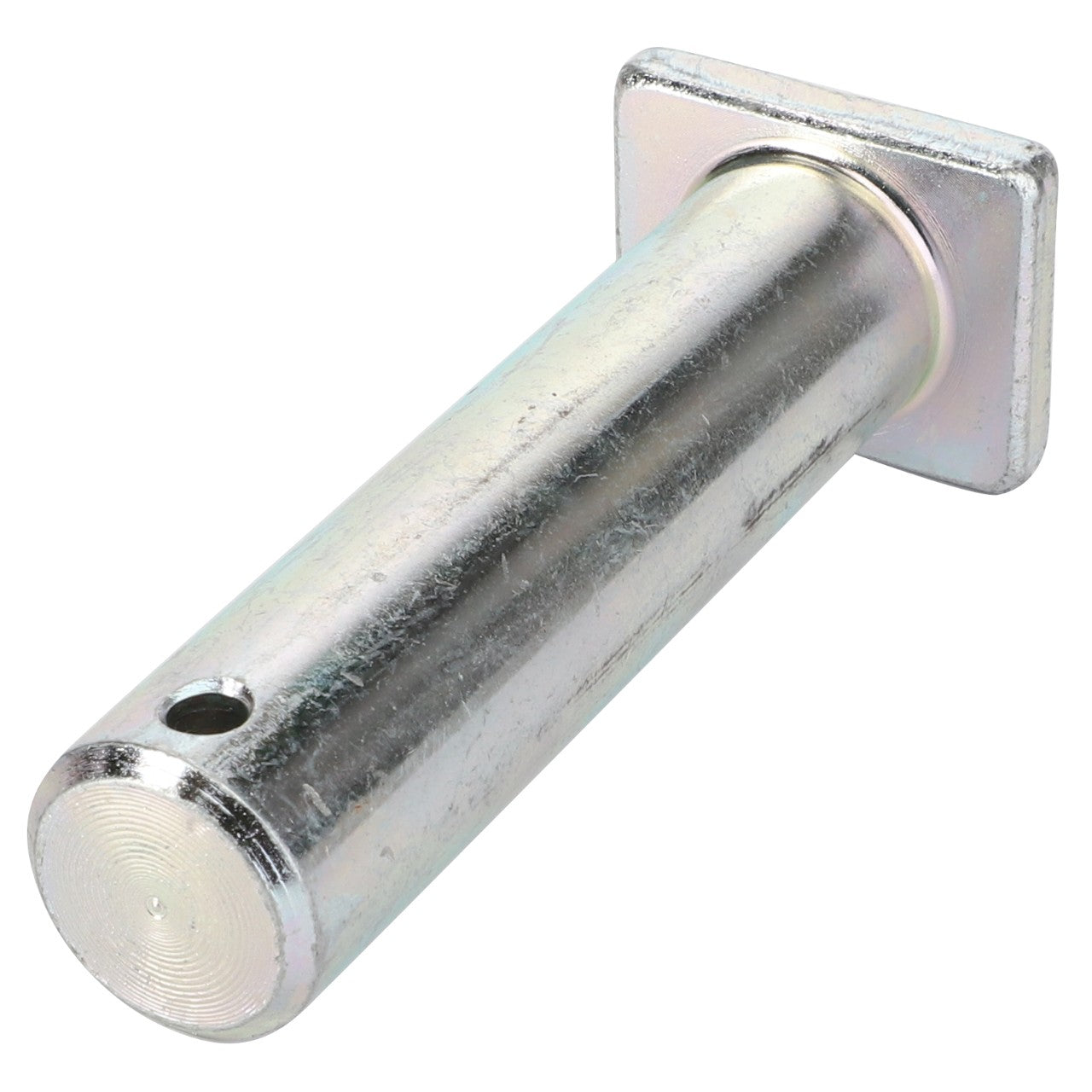 A product named "CLEVIS BOLT - F931870050020" by AGCO, which is a metal cylindrical pin featuring a square base and a small, precisely drilled hole near the rounded end.