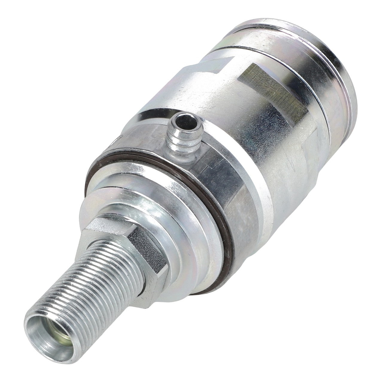 The AGCO | Quick Coupler - 4358116M2, a metal hydraulic fitting with threaded connections on both ends and a cylindrical body, is suitable for Massey Ferguson models like the MF 5709 S Dyna-4.