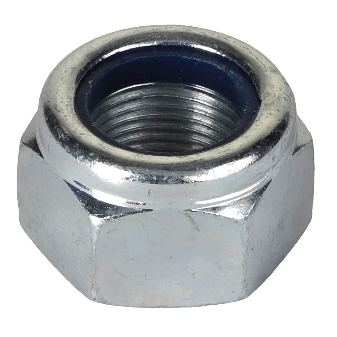 Here is a close-up view of the AGCO | NUT METRIC - AG129019, a hexagonal metal lock nut with a nylon insert, commonly used to secure bolted joints. This product is provided by the trusted brand AGCO.