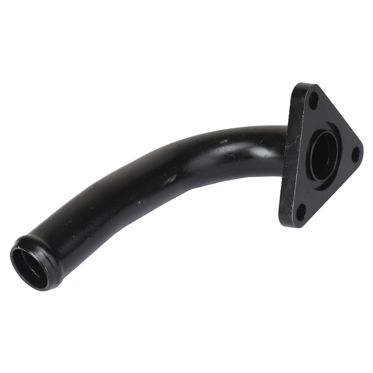 Introducing the AGCO Suction Pipe - ACP0374510: a black, curved metal pipe featuring a triangular flange and screw holes at one end. For ordering or inquiries, please contact our support team.