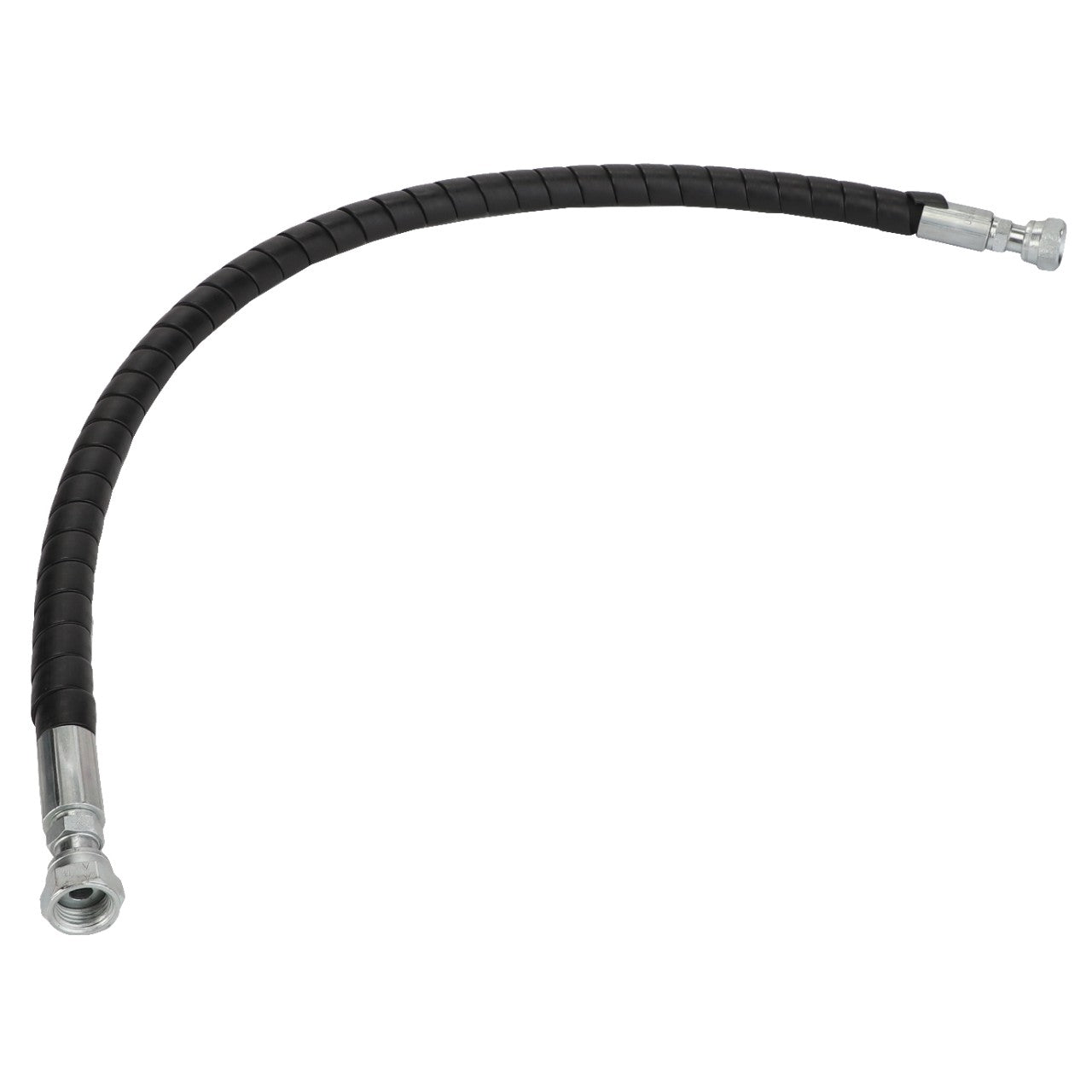 The AGCO Hydraulic Hose - Acw4255850 is a flexible black hose equipped with sturdy metal fittings on both ends. This versatile and resilient tool by AGCO lacks a detailed product description but is designed for reliable hydraulic performance.