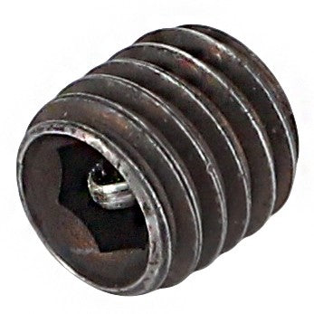 Close-up of AGCO Valve - Fel200909, a hex socket set screw with a cylindrical shape and multiple threads. The screw, which fits Valtra, has a dark finish and visible wear marks.