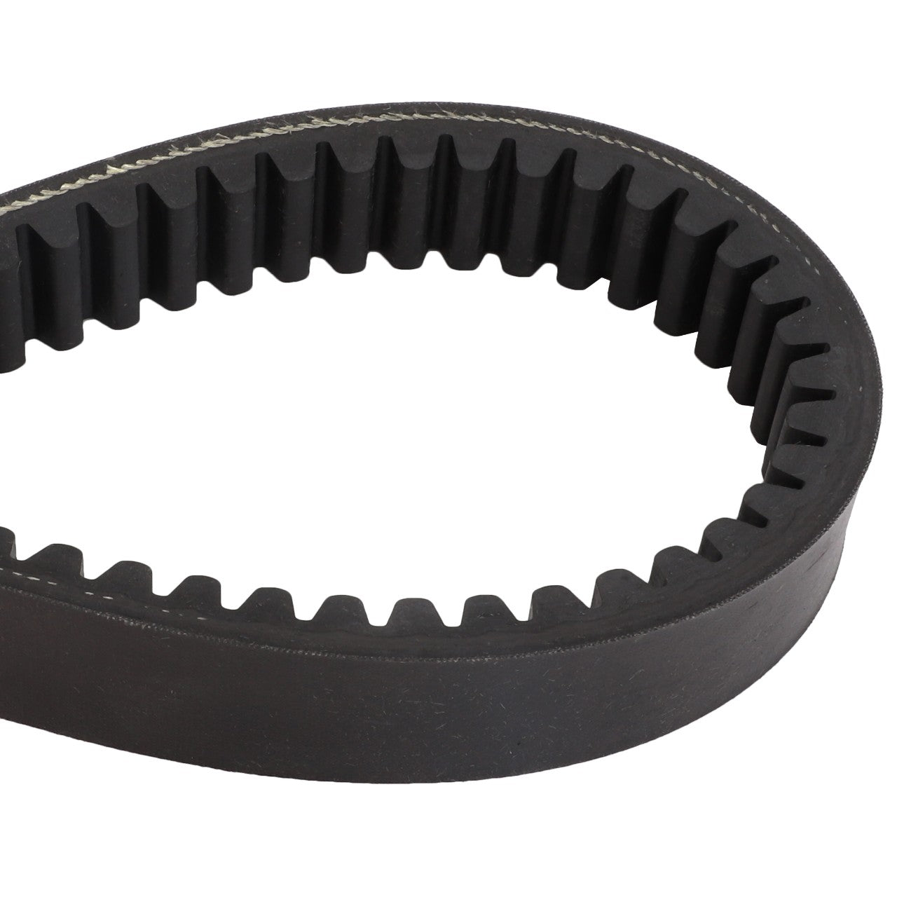 A close-up of the AGCO | Belt - D41980300, a black toothed rubber belt looped in a circular shape, typically used for mechanical purposes such as in engines or machinery, including Massey Ferguson models.