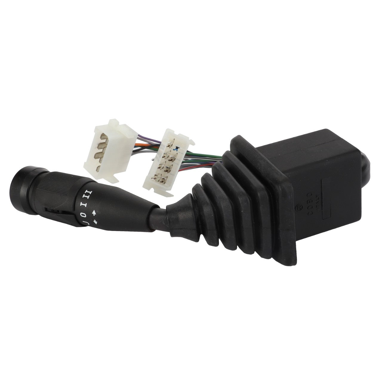 The AGCO Windshield Wiper Switch (model Acw2502930), branded by AGCO, includes a black rubber boot and multiple colored wires connected to white plastic connectors. Currently, no detailed product description is available.