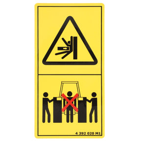 Yellow warning sign featuring a symbol of a person being struck by a gate and an illustration depicting two figures helping someone avoid an obstacle, which is crossed out with a red X. Enhance your safety measures with the AGCO Decal, Safety - 4392020M1 from AGCO Parts Genuine Decals, combining essential warnings with agricultural engineering expertise.