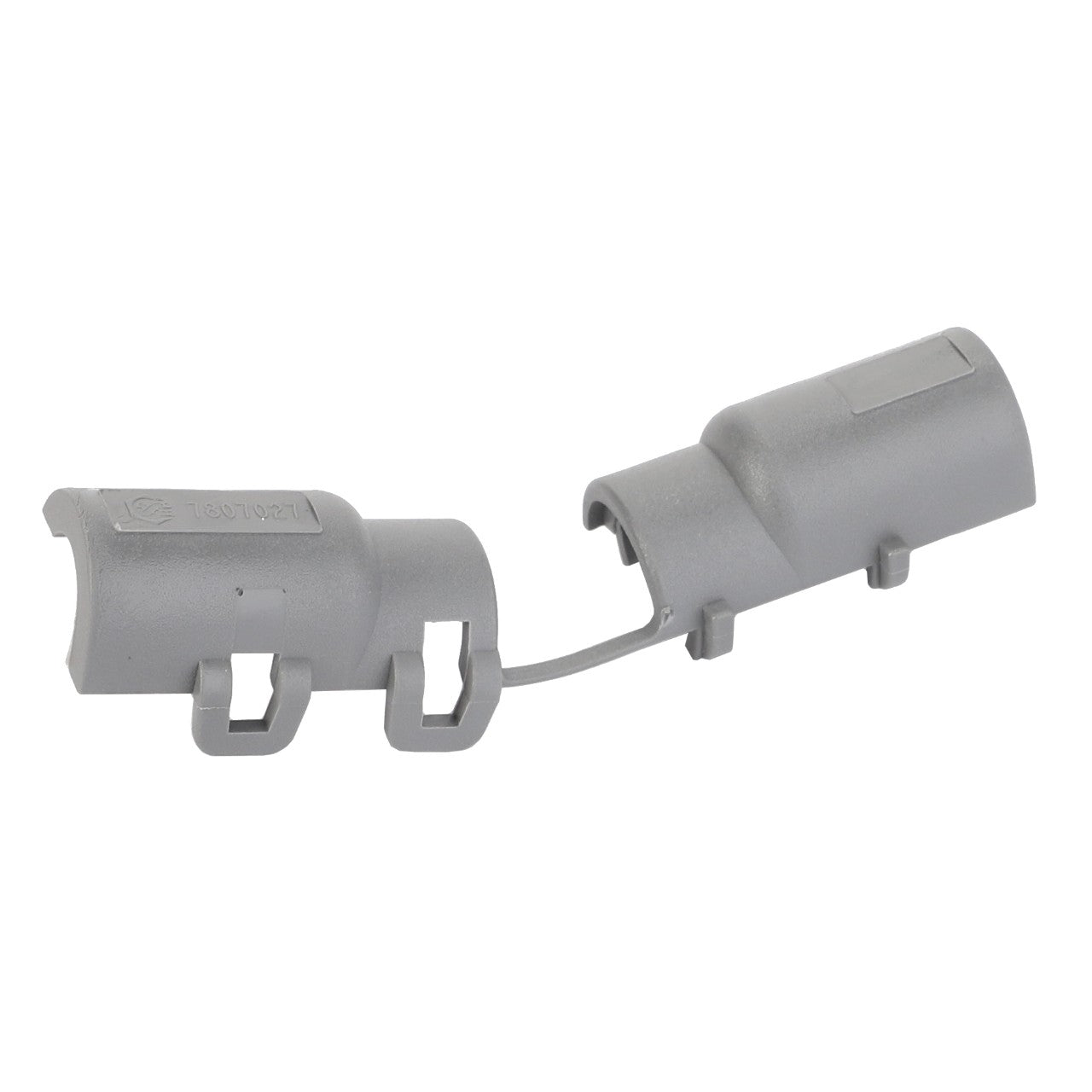 The AGCO Adapter - F530200050710 is a gray plastic molded dual-ended component with a flexible connecting strip and customizable attachment features on both ends.