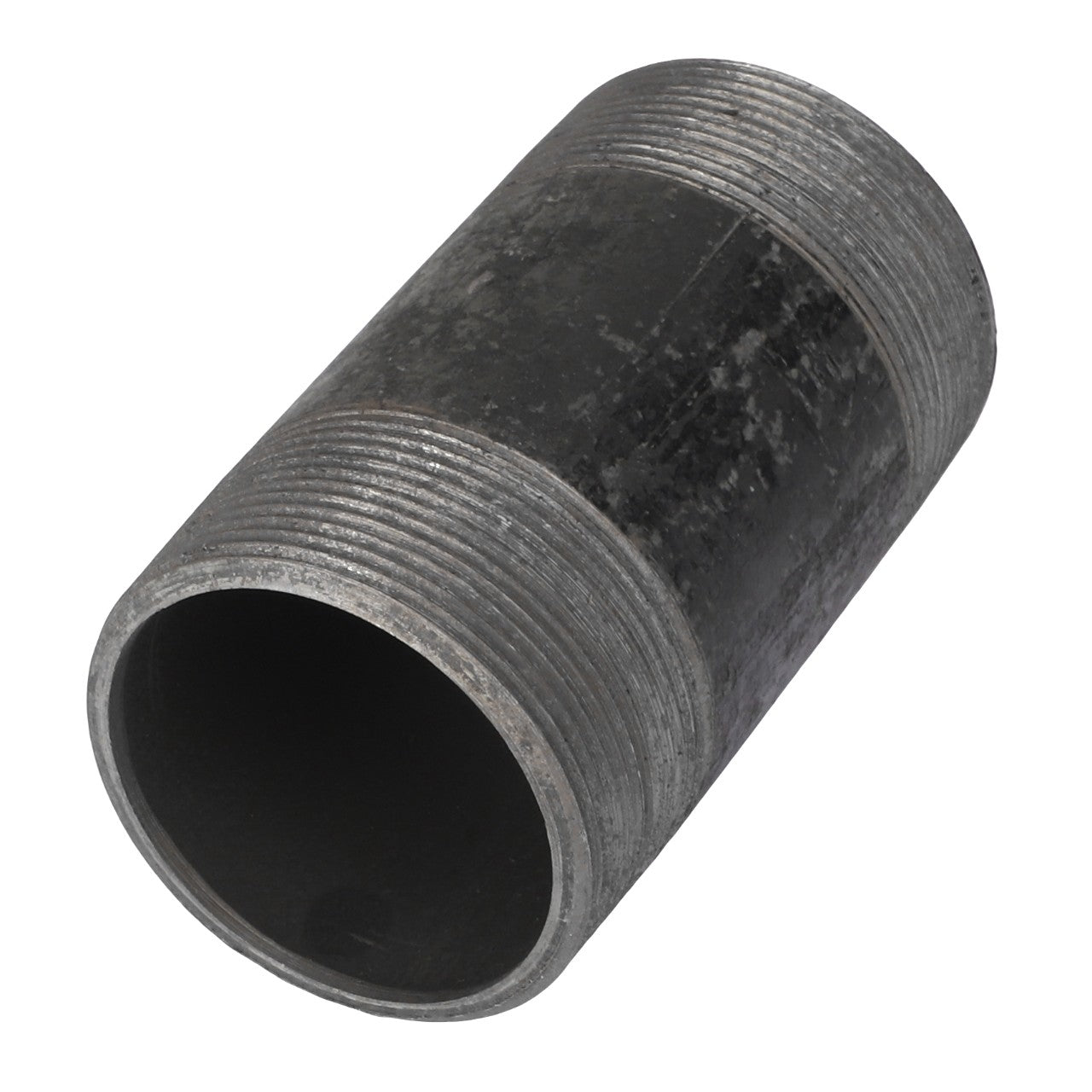 This is an AGCO | NIPPLE - AG551805, a cylindrical metal pipe fitting with threaded ends. It shows slight weathering and signs of wear.