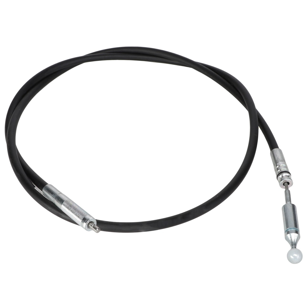 The AGCO | Loader Control Cable - AL5021029, a black throttle cable with metal connectors at both ends and coiled into a loop, is ideal for use in AGCO Parts control cable systems.