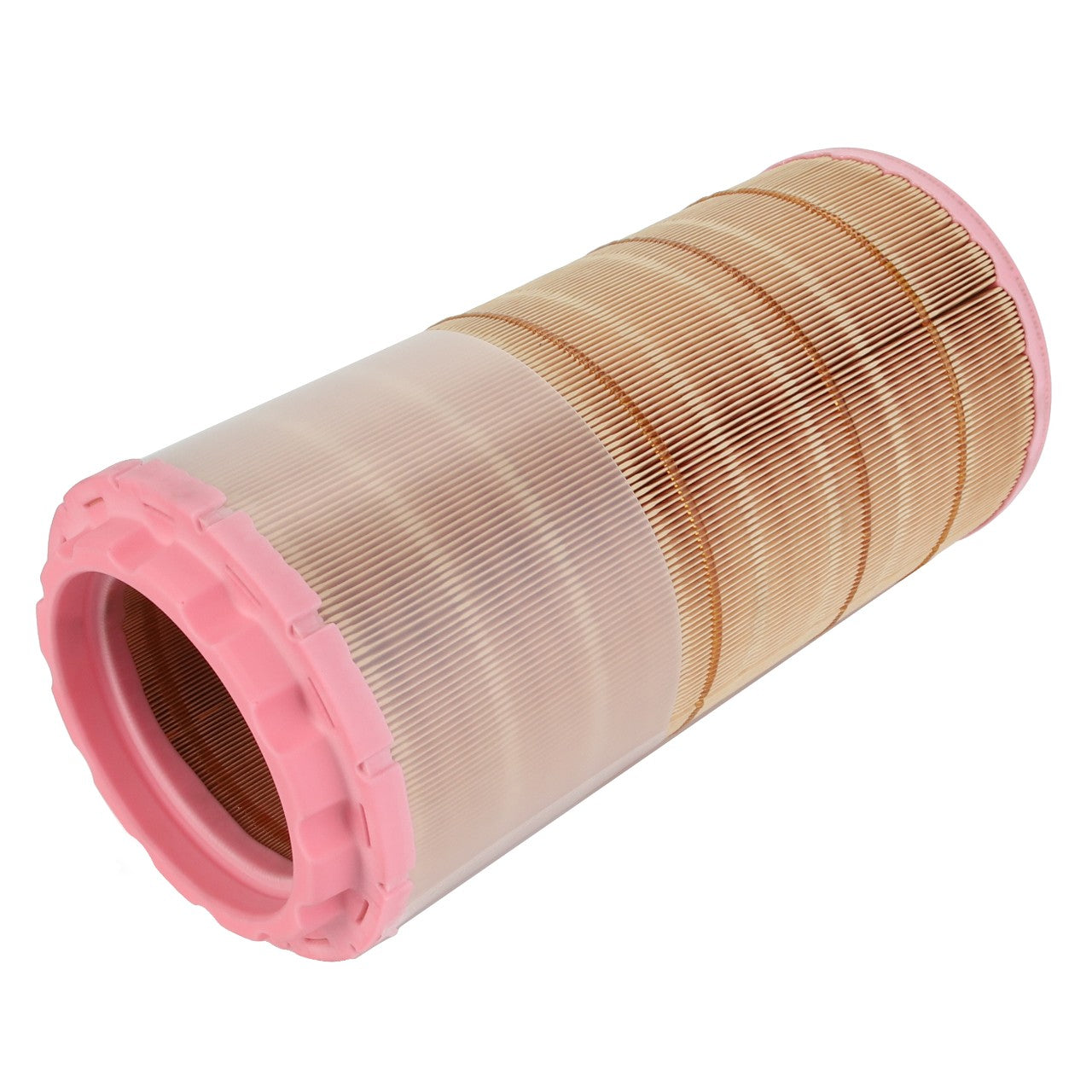 The AGCO Engine Air Filter - Acx2344120 is a cylindrical filter featuring pink rubber edging and pleated paper filter material, designed for optimal filtration efficiency and engine protection.