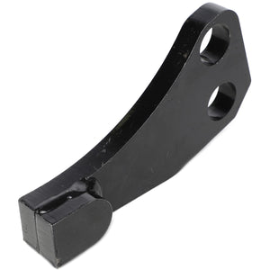 Introducing the AGCO | LINK, RIGHT HAND - ACP0057560: a black, metal bracket featuring two circular holes and a protruding tab, specifically designed for mechanical or construction purposes. For any ordering questions, please reach out to our support team.