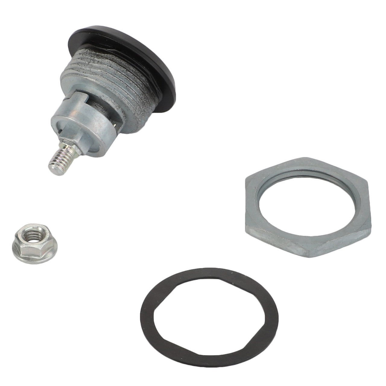 The AGCO Lock, Front Grille - Acw0700680, a metal push button switch with washer, mounting hex nut, and gasket is arranged on a white background and designed to fit Massey Ferguson Models.