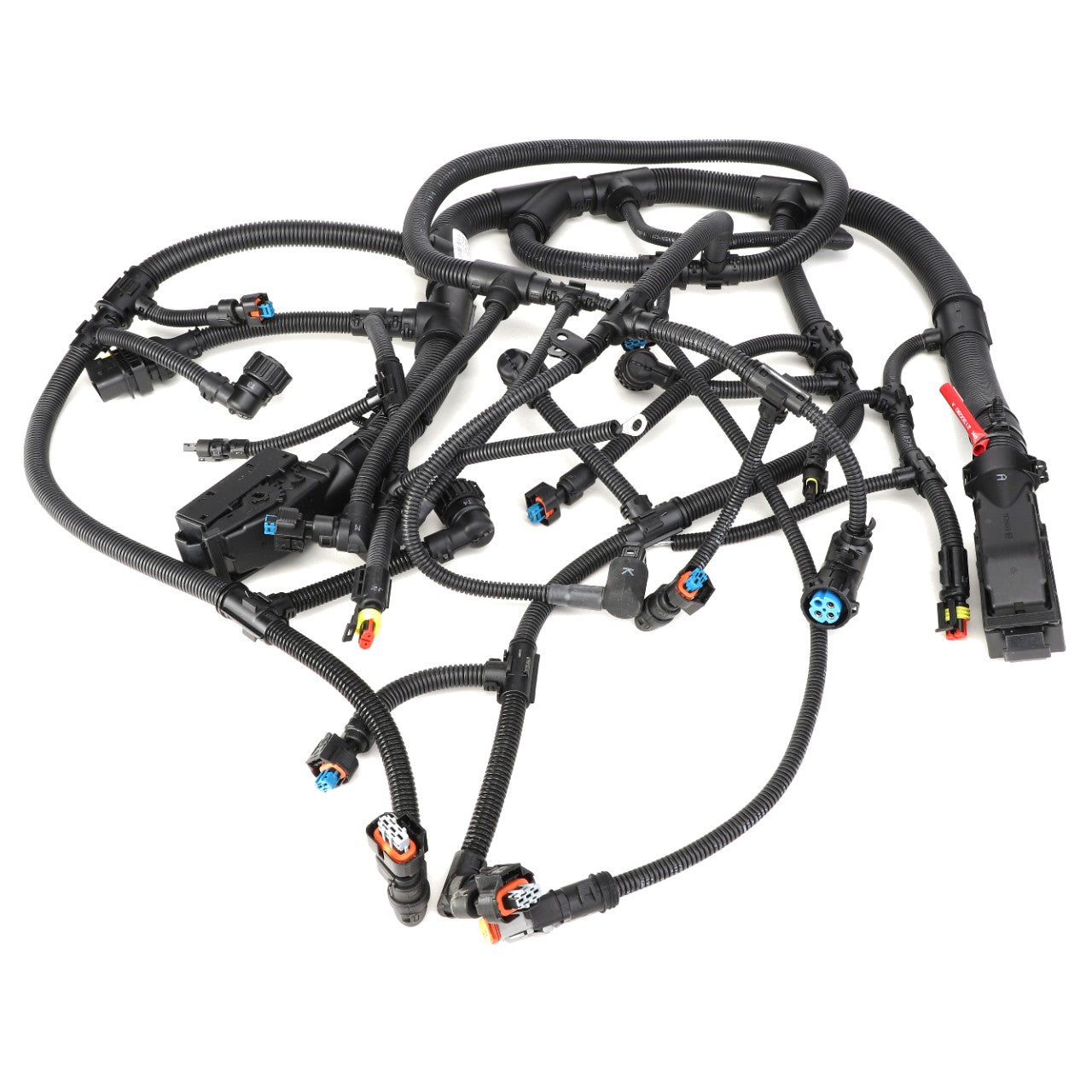 A product known as the AGCO | Engine Wire Harness - Acw2150090, from the brand AGCO, is a complex automotive wiring harness featuring multiple connectors and cables. It is arranged in a coiled fashion with various colors and attachment points; however, no current product information is available.