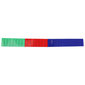 A set of AGCO | SCALE - F816870051050 vibrant colored plastic connecting blocks arranged in a straight line, showcasing green, red, and blue sections. Each piece is designed with evenly spaced lines for seamless interlocking.