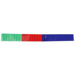 A set of AGCO | SCALE - F816870051050 vibrant colored plastic connecting blocks arranged in a straight line, showcasing green, red, and blue sections. Each piece is designed with evenly spaced lines for seamless interlocking.