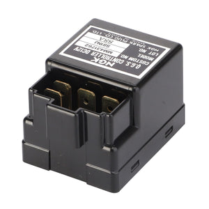 A black AGCO controller relay with metal terminals, a label indicating specifications and model number 0.010.3970.2, ensures precise operation in your machinery. Trust AGCO for reliable performance.