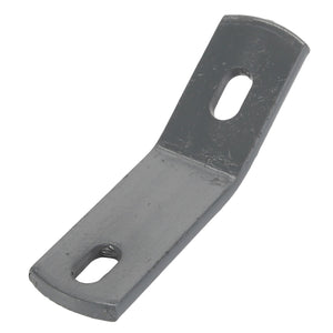 The AGCO CLAMP - D28282287 is a metal bracket with a flat base and an upward angle, featuring two oval holes near each end. It is painted in a matte gray color. No current product description information is available.