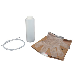 A clear plastic bottle with a white cap, a plastic glove on a cardboard base, and a coiled flexible tube are displayed on a plain white background. The product is described as the AGCO | Test Unit - Acp0662270 by the brand AGCO.