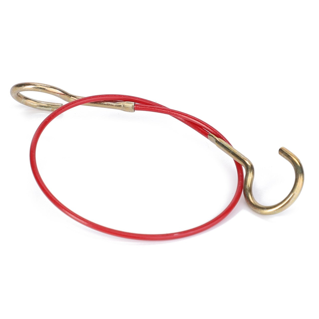 Introducing the AGCO | Rope - H716921050030, a red circular wire featuring brass hooks on both ends—one forming a loop and the other a hook—ideal for enhancing Fendt Models such as the FARMER LS.