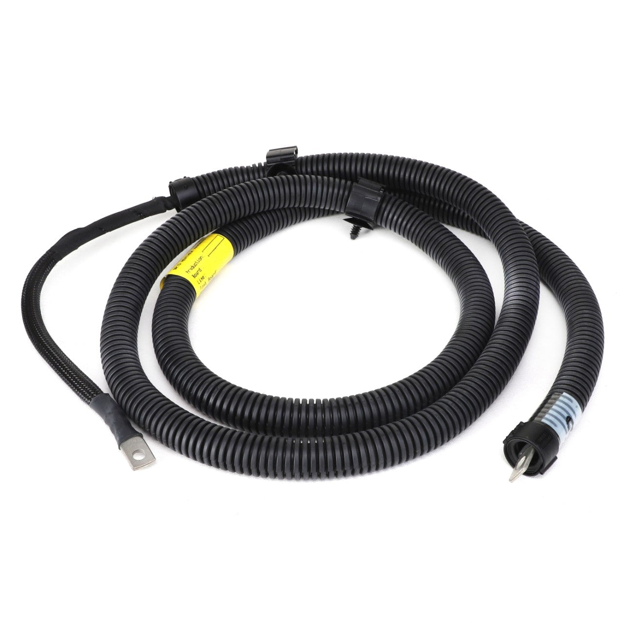 The AGCO | Harness - Acw032959A, a black plastic automotive wiring harness neatly coiled and featuring connectors at both ends, is marked with a yellow label in the middle.