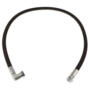 Product Description: The AGCO HYDR. HOSE - AL1103117 is a black flexible hose featuring a right-angled connector on one end and a straight connector on the other. This high-quality hydraulic hose from AGCO ensures reliable performance and durability.