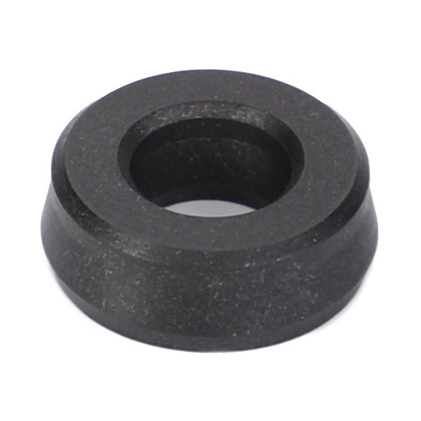 The AGCO Seal - D45404300 is a black, round rubber washer featuring a beveled edge and a center hole, crafted from high-quality materials to ensure genuine seals, displayed against a white background.