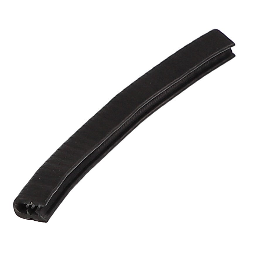 A curved AGCO Rubber - Acw1462130 seal strip, made of black plastic or rubber with a hollow center, is displayed against a white background.