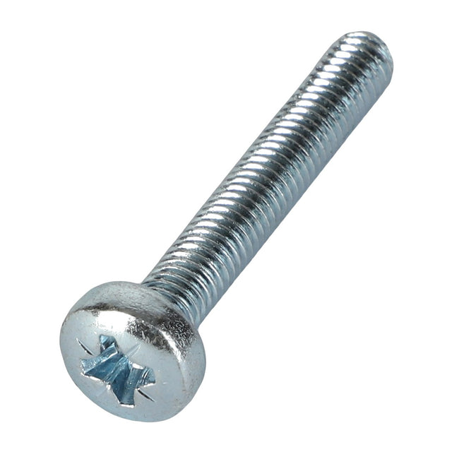 A close-up image of the AGCO Pan Head Screw - 3001527X1, a metal screw featuring a Phillips head and a cylindrical threaded shaft, showcasing intricate details.