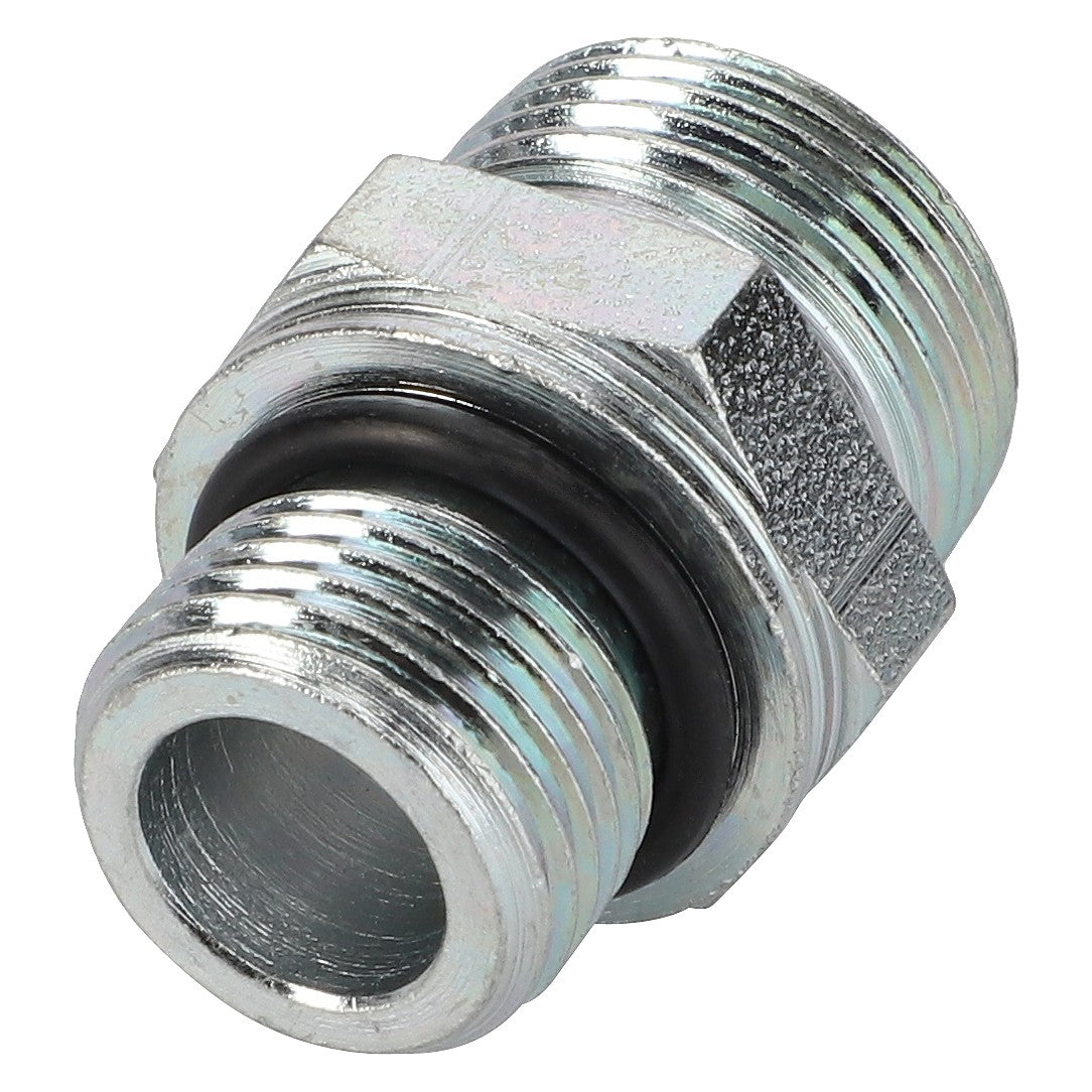 Close-up of the AGCO Connector Fitting - Acw1631390, featuring threaded ends and an O-ring, designed for seamlessly connecting two sections of pipe.