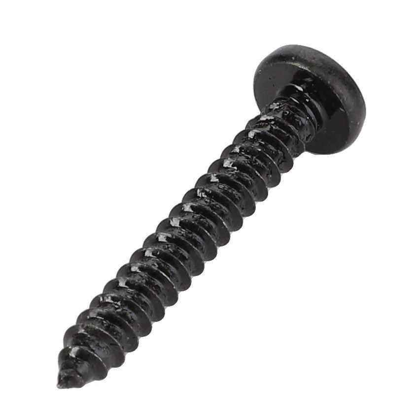 The AGCO Bolt - Acp0488980, a black screw with a round head, sharp threads, and a pointed tip, is showcased against a white background.