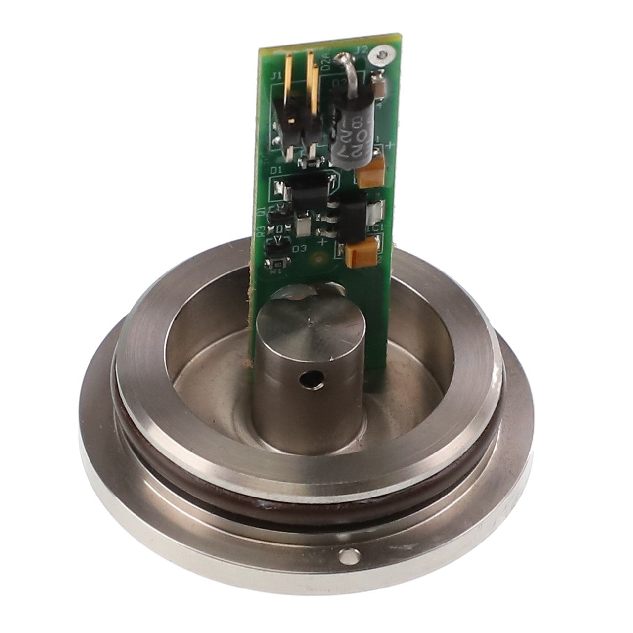 A sleek, circular metallic part featuring an attached vertical green circuit board, known as the AGCO BEARING ASSY - AG724793.