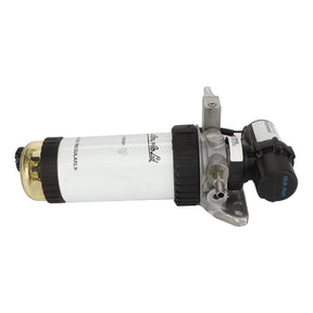 Image of the AGCO Fuel Filter - ACP0374010 assembly, featuring a white cylindrical filter, black cap, and attached metallic components. Designed to fit Massey Ferguson models for reliable performance.