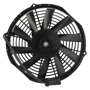 Image of the AGCO | FAN - 0.010.2545.2, a circular black electric cooling fan from AGCO with multiple blades enclosed in a protective grille and connected by wires at the base. For more details, refer to the product description or contact our support team.