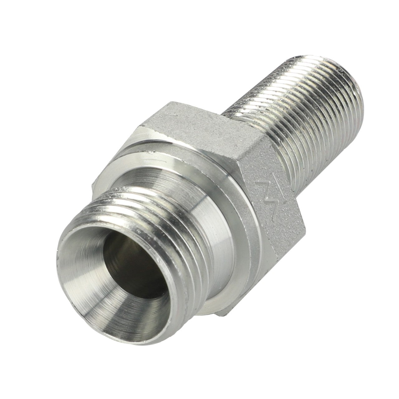 The AGCO | ADAPTER - AL1120158 is a durable stainless steel threaded pipe adapter that features male threads on both ends and a hexagonal nut in the center for easy tightening.