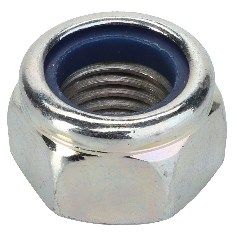 Close-up image of the AGCO Hex Nut - Fel116699, a hexagonal metal nut featuring internal threading and a blue nylon insert at the top, compatible with Massey Ferguson models.