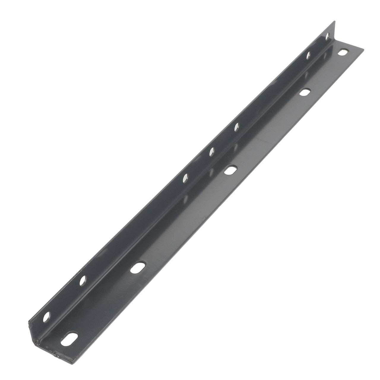 The AGCO | ANGLEPIECE - D26733607 is a metallic L-shaped angle iron featuring multiple holes along its length, designed for support in construction and fabrication projects by AGCO.