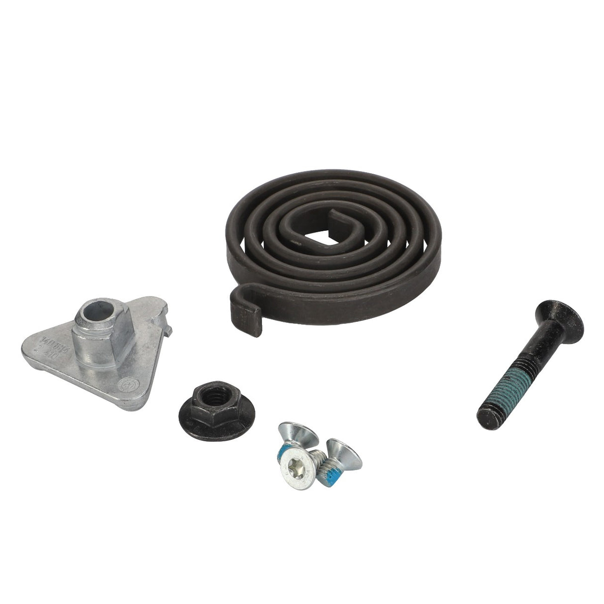 Assortment of AGCO metal hardware including a LEG SPRING - F930500030330, bolt with blue thread lock, two small screws, a hex nut, and a triangular-shaped metal bracket. No current product description.