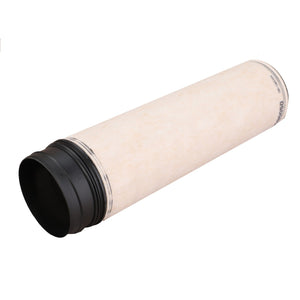 The AGCO Engine Air Filter Cartridge - F438200090050 features a cylindrical design with black plastic ends and a beige paper filter material in the middle, engineered to prolong service life while maintaining high filtration efficiency.