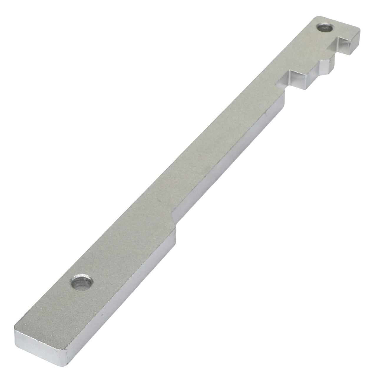 A metallic, rectangular tool with two circular holes and a stepped notch on one end, the AGCO Guide Plate - Acp0295380 by AGCO, laid on a white background. No current product description available.