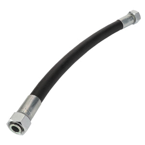 The AGCO | HYDRAULIC HOSE - ACY1567940 is a flexible black hydraulic hose with metal fittings on both ends, designed for efficient fluid transfer in mechanical systems.